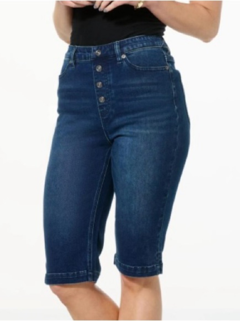 DG2 by Diane Gilman Dark Blue High-Rise Pull On Cropped Denim Bermuda Jeans